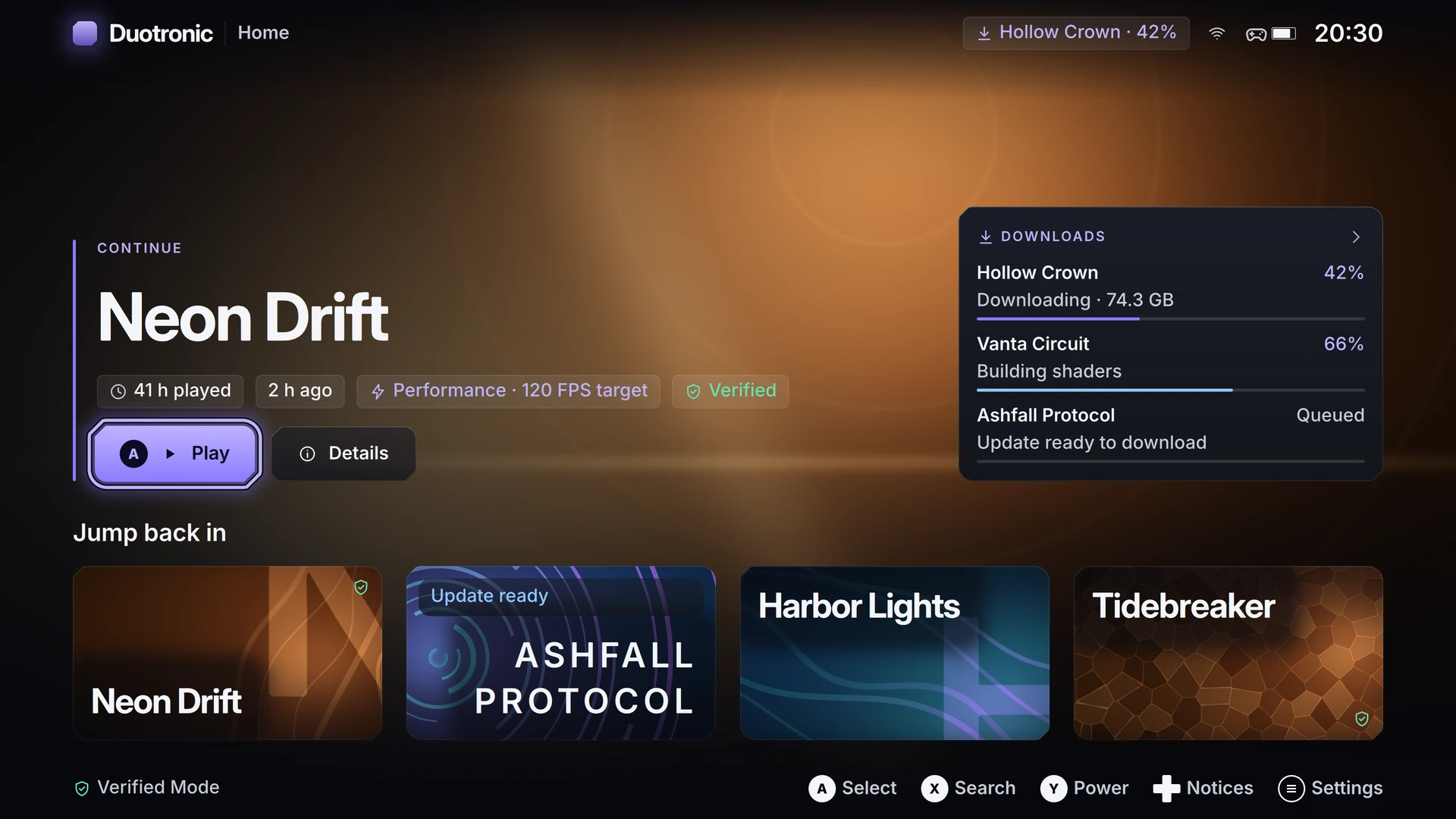 The Duotronic home screen: a game ready to continue with a lit Play button, a downloads panel, and a row of generated title cards under Jump back in.