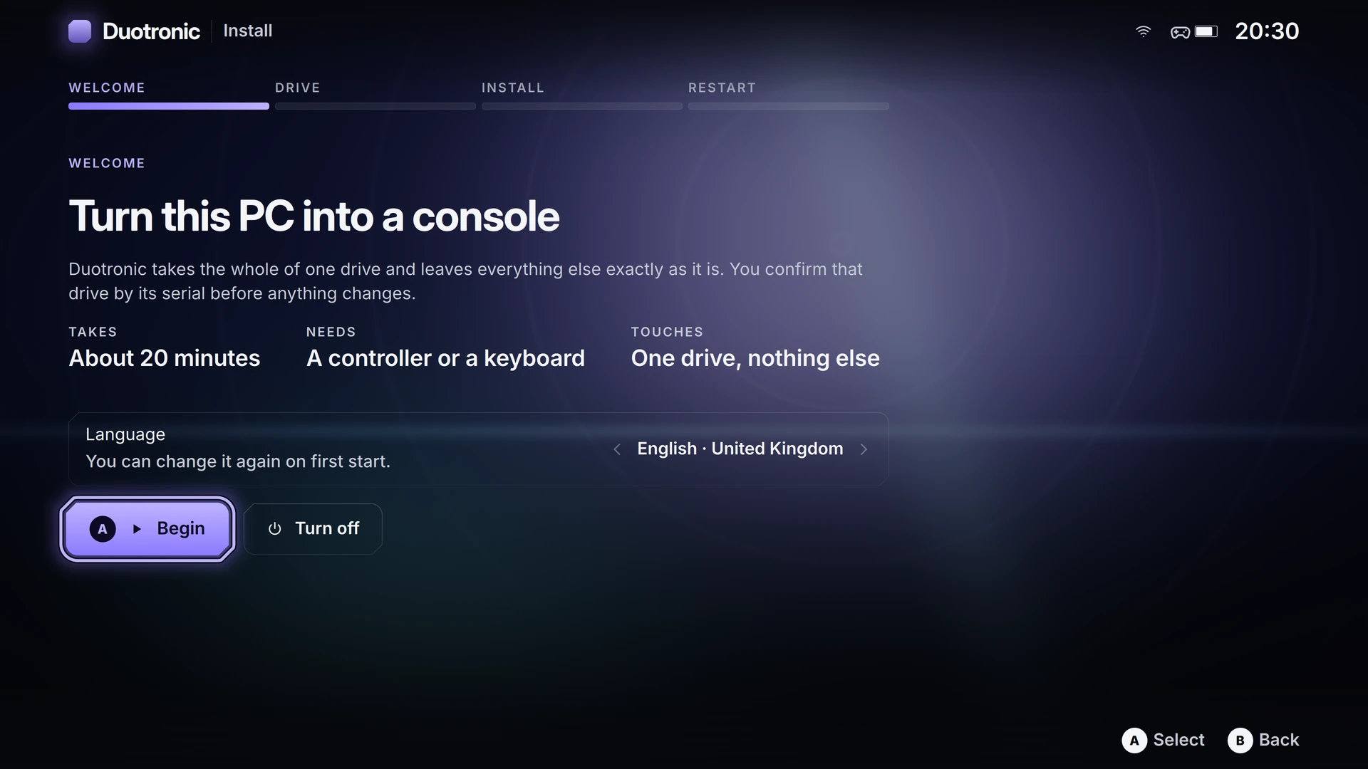 The setup welcome screen, headed Turn this PC into a console, with four steps along the top and a lit Begin button.