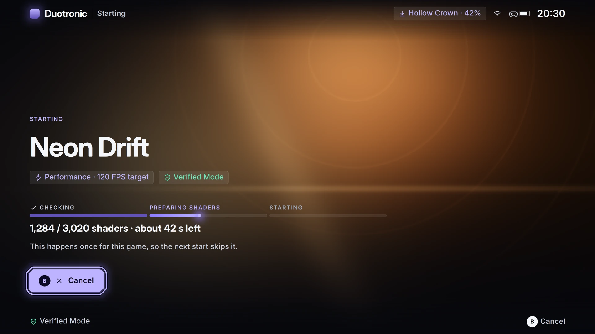 A game starting, with three named stages and a progress bar showing how much is left.